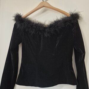 VTG Black Velvet Off-Shoulder Feather Trim Top Y2K 90s Whimsigoth Dark Coquette